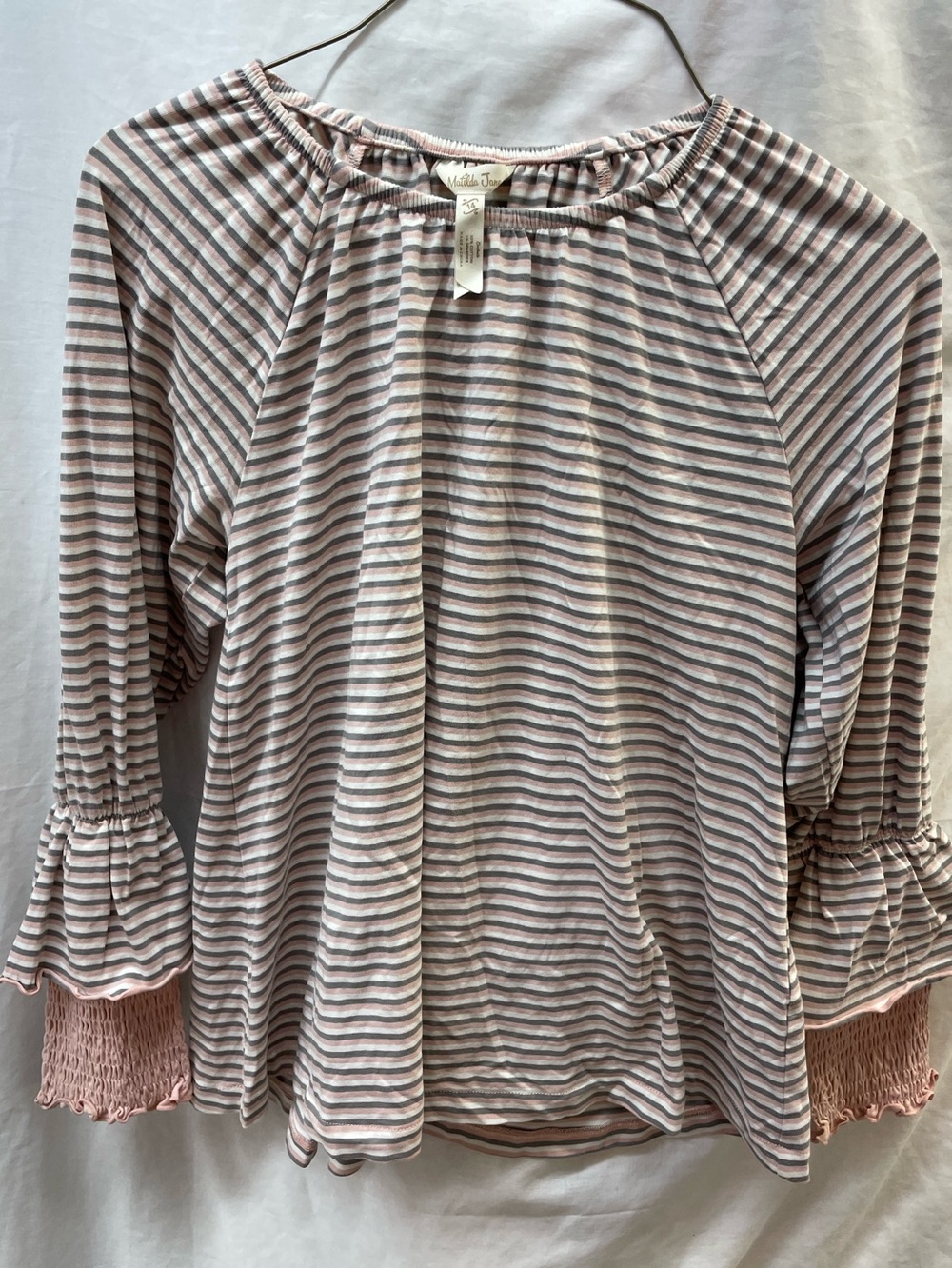 Matilda Jane Pink and Gray Striped Peasant Sleeve Top girl sz 14